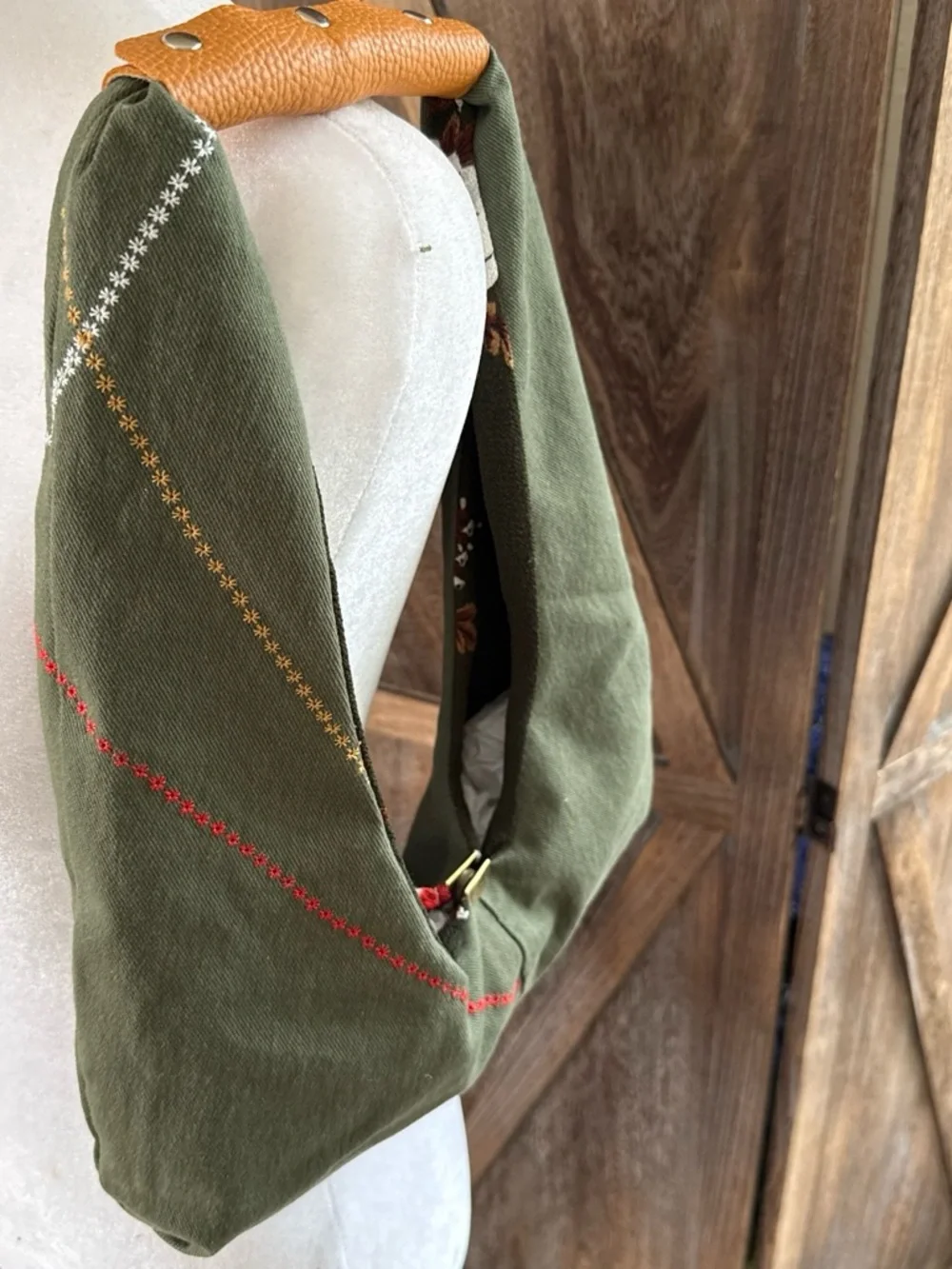 Olive Green Embroidered Shoulder Hobo Bag with Tan Leather Handle
